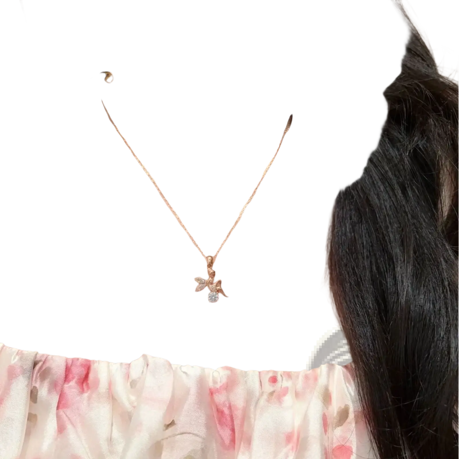 A delicate silver rose gold Moissanite elf necklace featuring a small bee pendant adorned with clear crystals