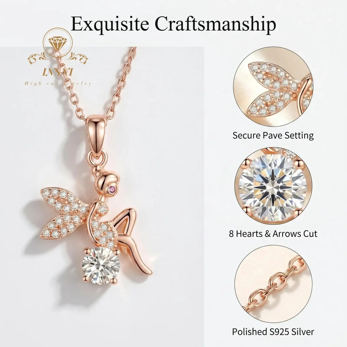 Rose gold fairy pendant necklace with pave-set wings and 8 hearts arrows diamond on s925 silver chain