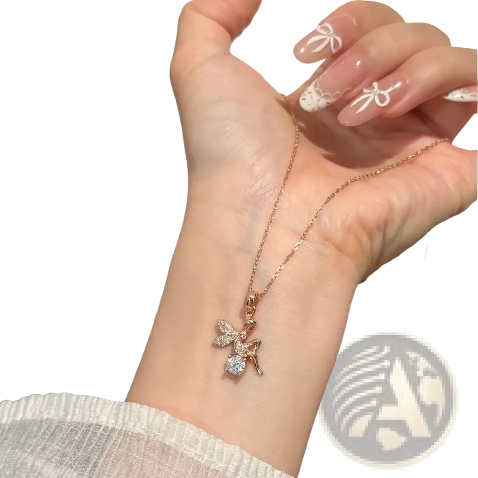 Moissanite elf pendant silver rose gold necklace featuring a rose gold fairy pendant with crystal wings and clear gemstone