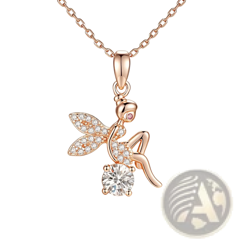 Rose gold fairy pendant necklace with sparkling diamond wings and central round-cut moissanite gemstone in silver