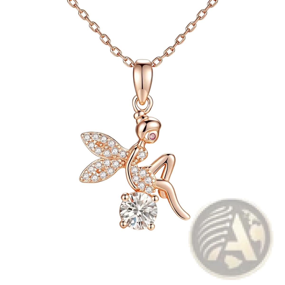 Rose gold fairy pendant necklace with sparkling diamond wings and central round-cut moissanite gemstone in silver