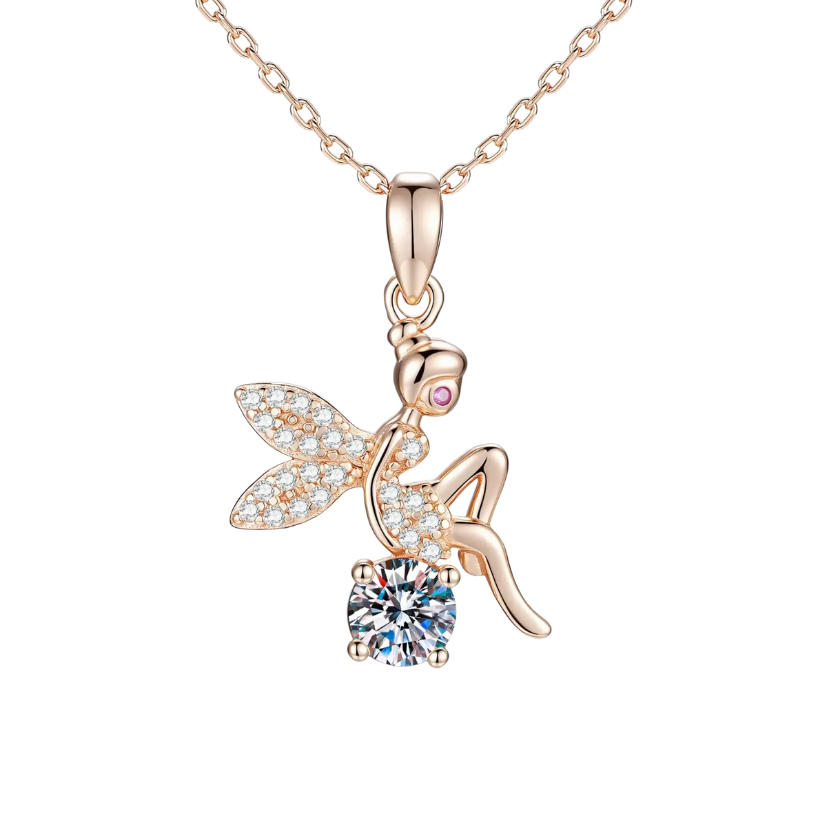 Rose gold moissanite elf pendant necklace with sparkling crystal wings and central round gemstone in silver