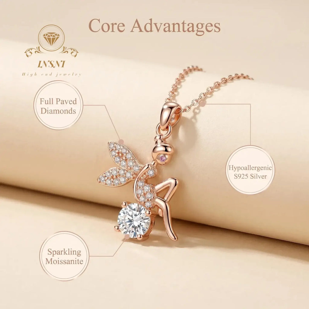Rose gold fairy pendant necklace with full pavé diamonds and a sparkling moissanite centerpiece in silver setting
