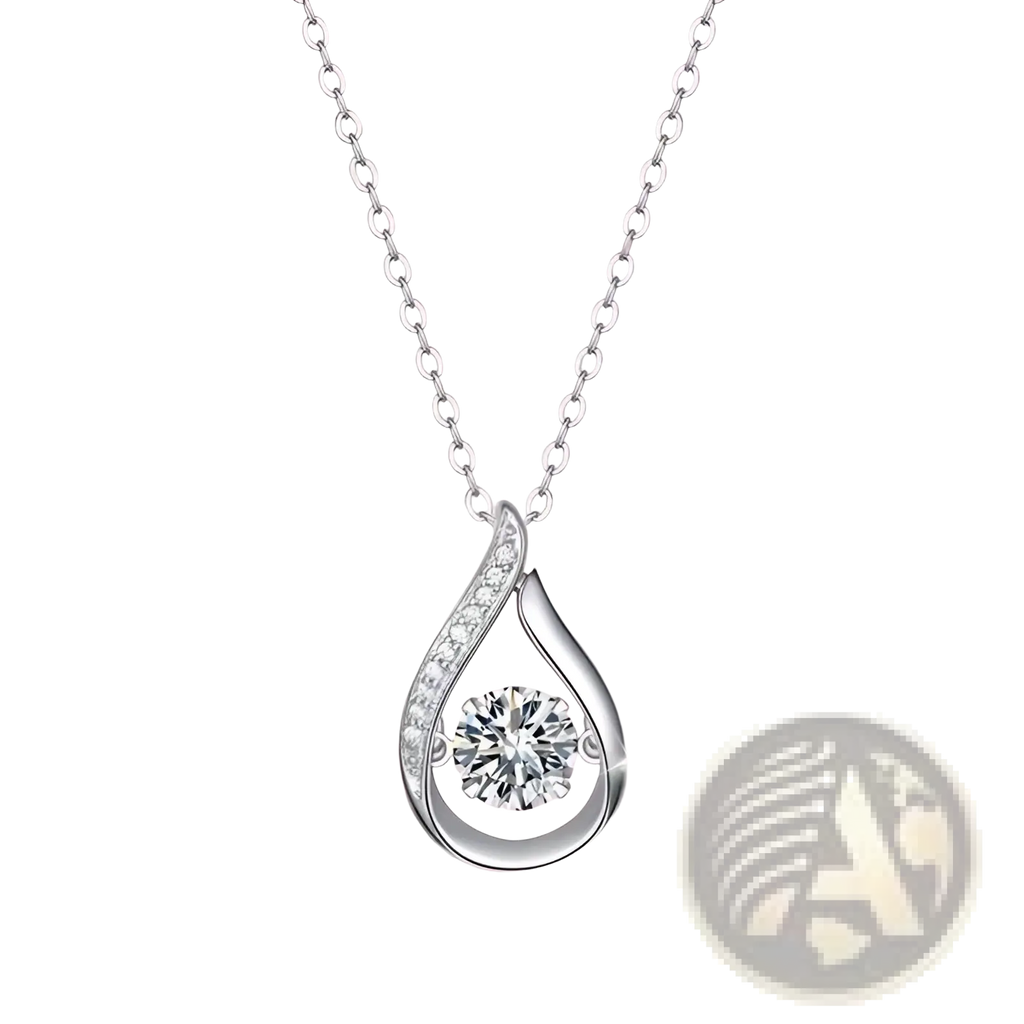 Silver teardrop pendant necklace in 925 sterling silver with central moissanite and diamond halo detailing