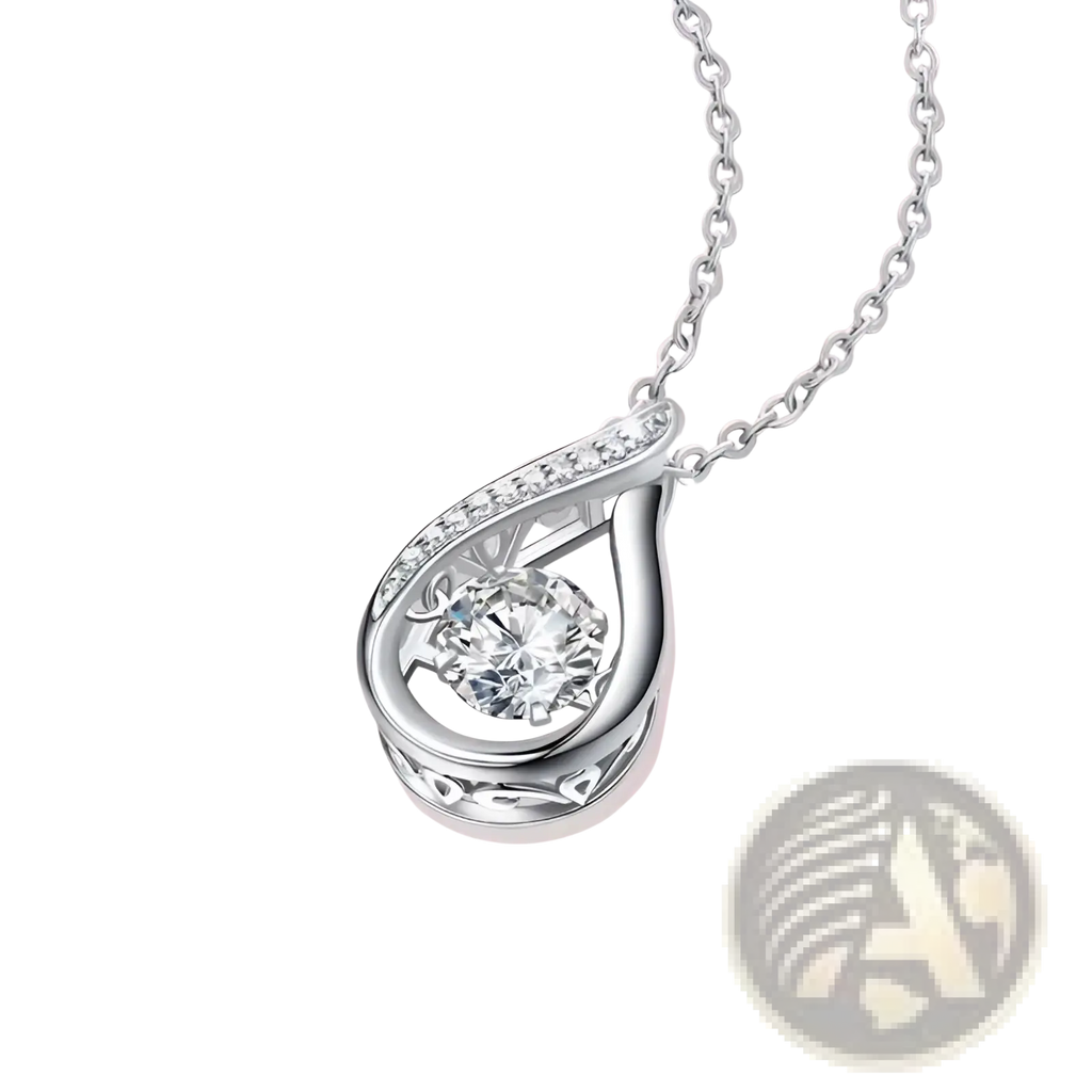 Silver teardrop halo pendant necklace with central moissanite and smaller diamonds in 925 sterling silver