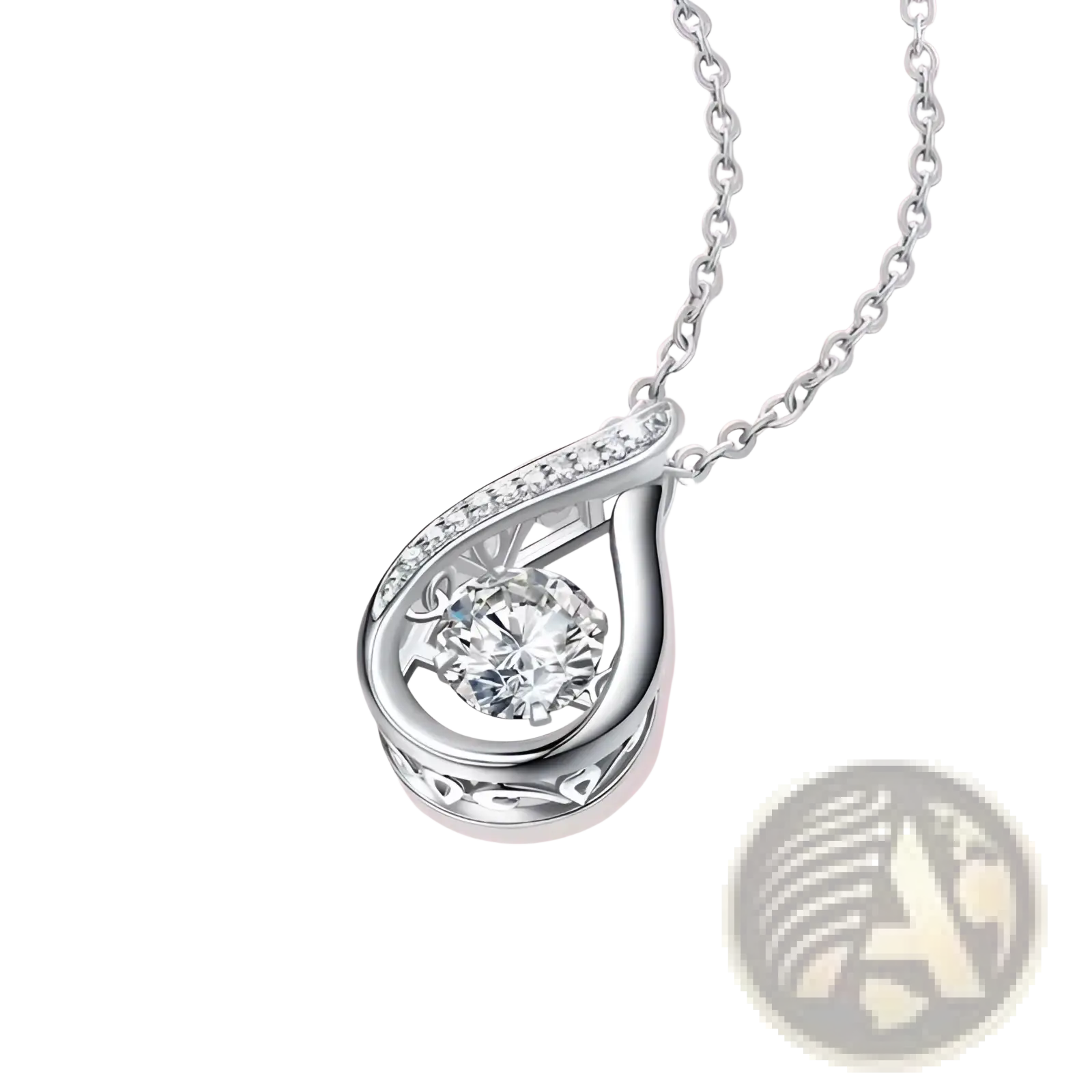 Silver teardrop halo pendant necklace with central moissanite and smaller diamonds in 925 sterling silver