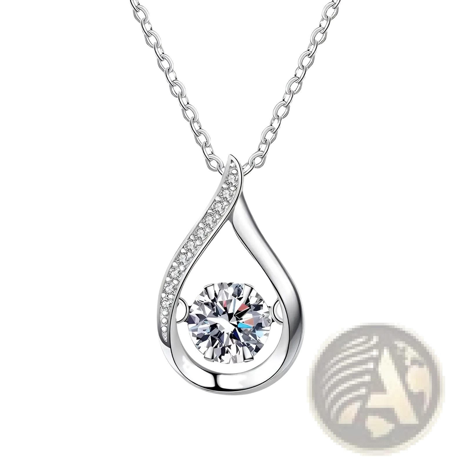 Silver teardrop moissanite halo pendant necklace in 925 sterling silver with central round-cut clear gemstone