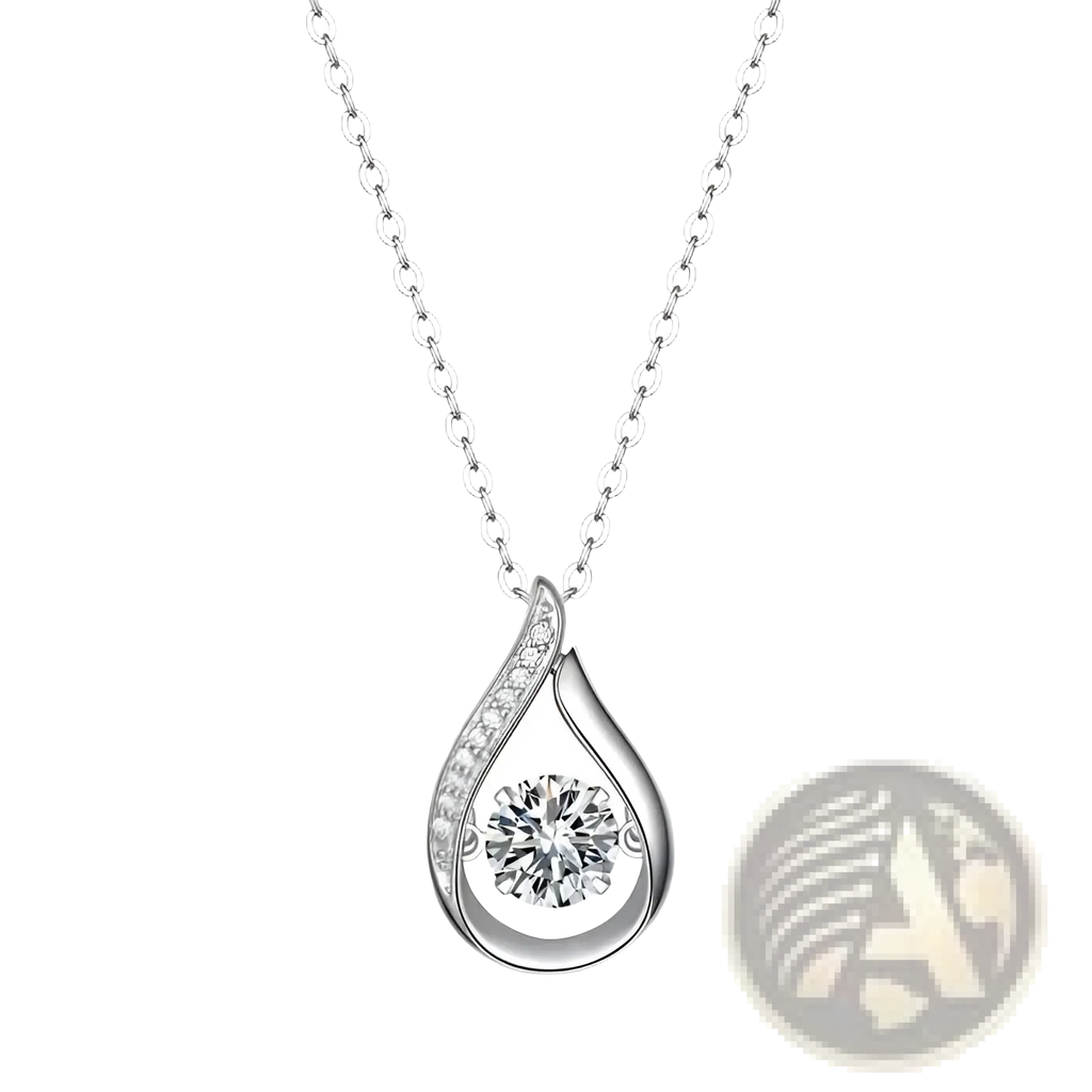 Silver teardrop halo pendant necklace in 925 sterling silver with central round-cut diamond and smaller diamond accents