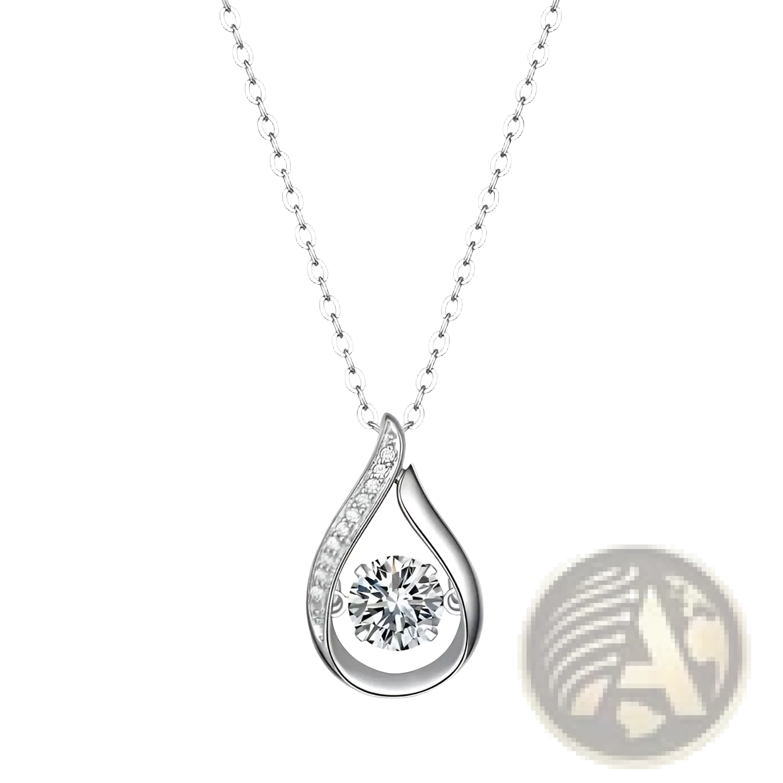 Silver teardrop halo pendant necklace in 925 sterling silver with central round-cut diamond and smaller diamond accents