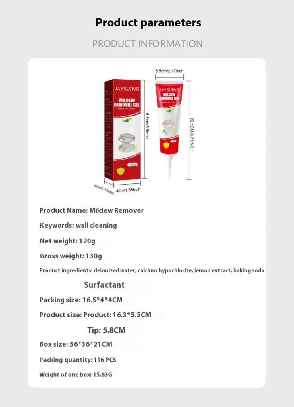 Red and white tube of Jaysuing mold removal gel for bathroom tile and wall cleaner 120g shown from front side