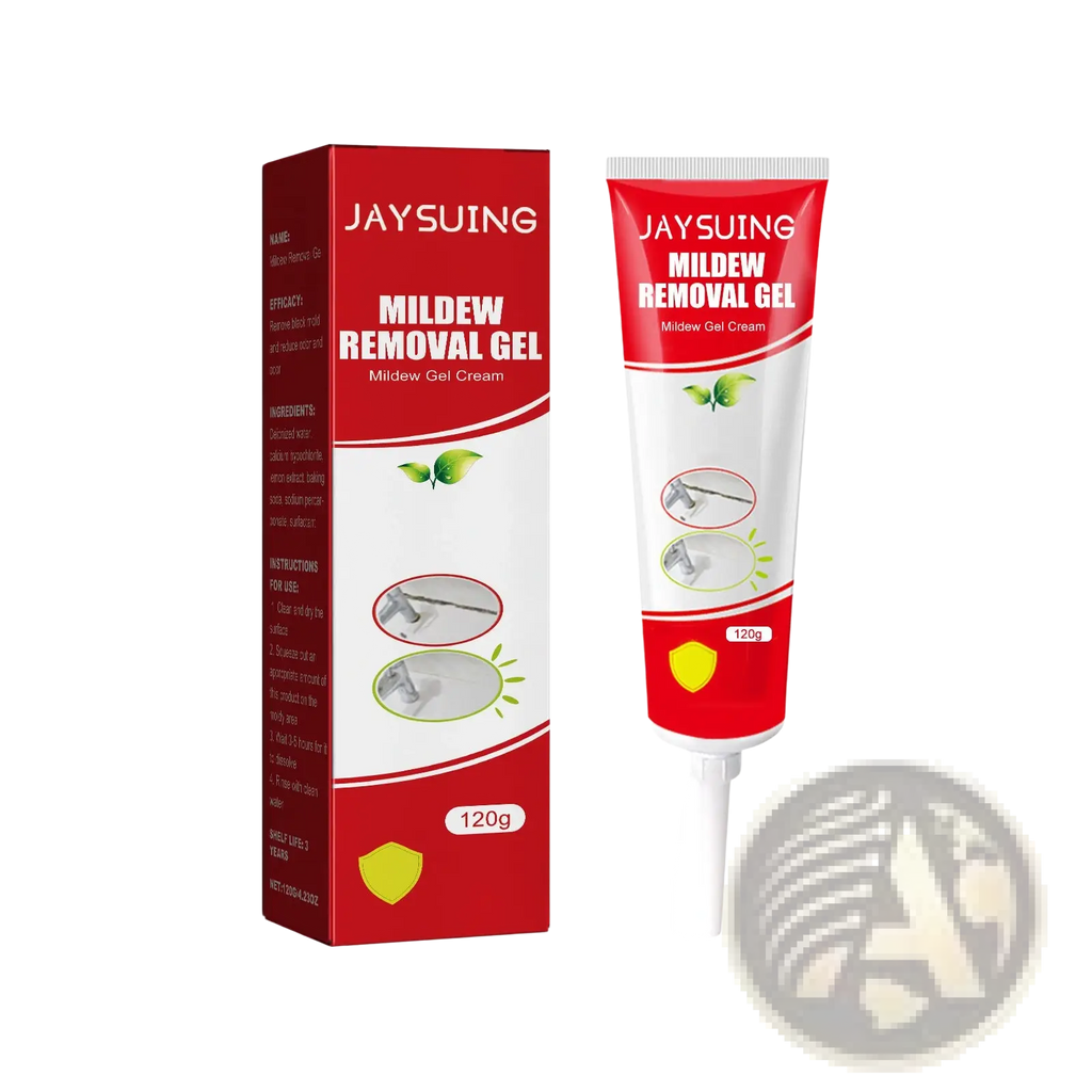 Red and white tube of Jaysuing mold removal gel 120g for bathroom tile and wall cleaning