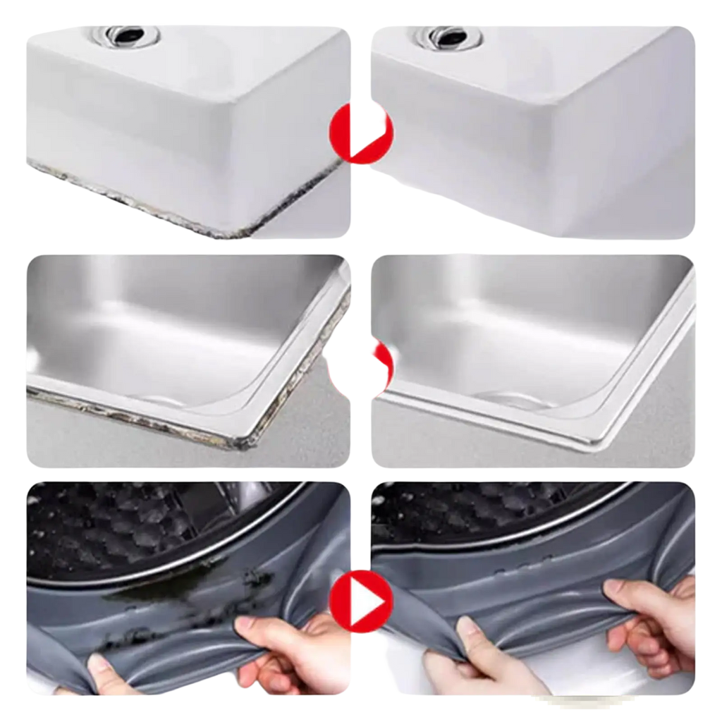 Gray flexible silicone sealant strip for kitchen sinks and appliance edges shown with mold removal gel bathroom cleaner 120g