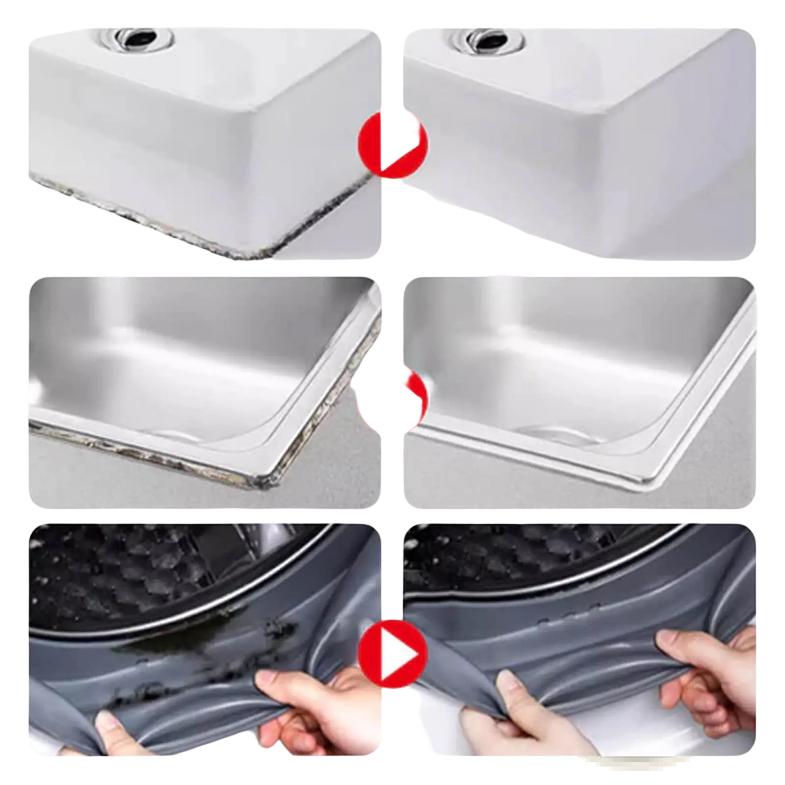 Gray flexible silicone sealant strip for kitchen sinks and appliance edges shown with mold removal gel bathroom cleaner 120g