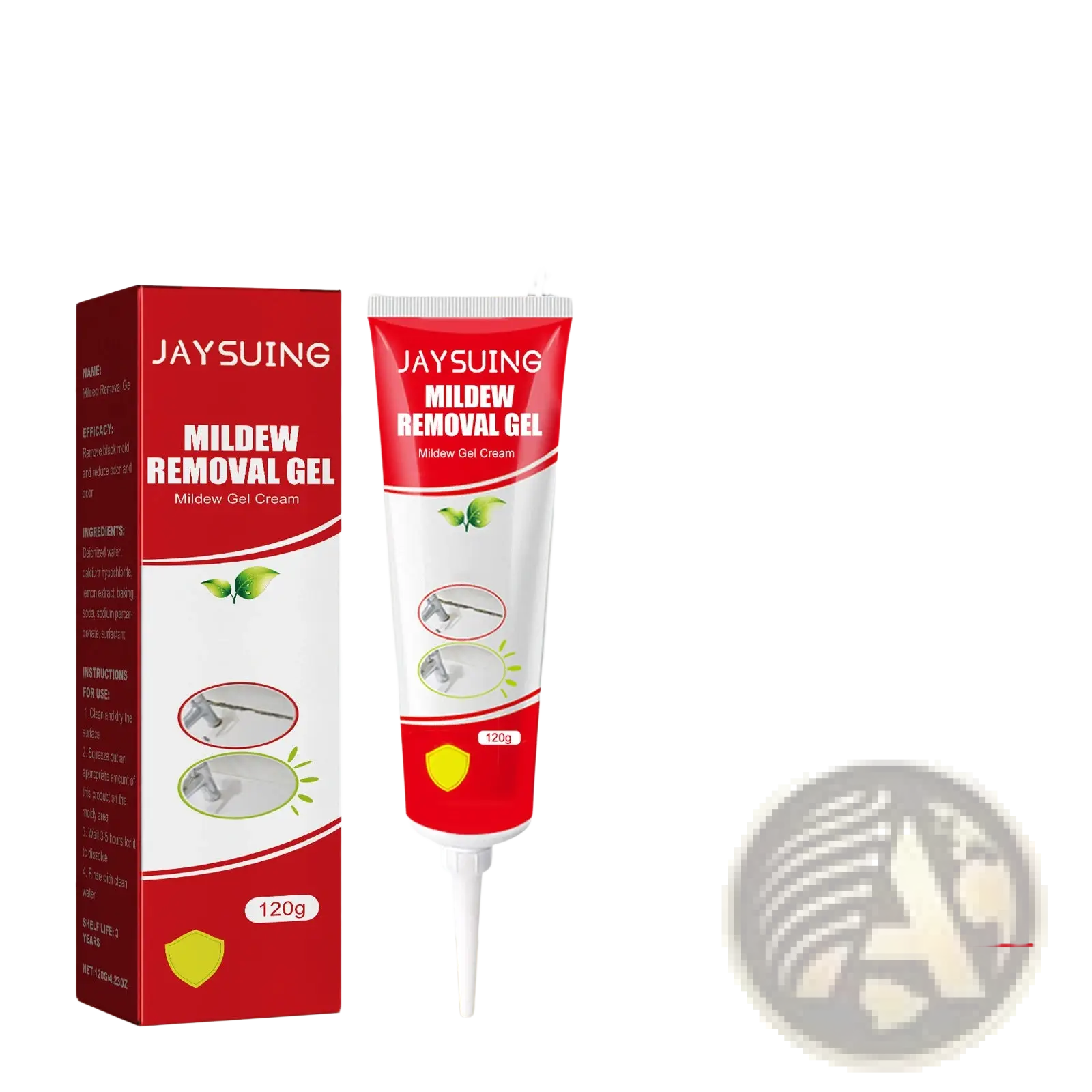Red and white tube of jaysuing mildew removal gel 120g for bathroom tile and wall mold cleaning