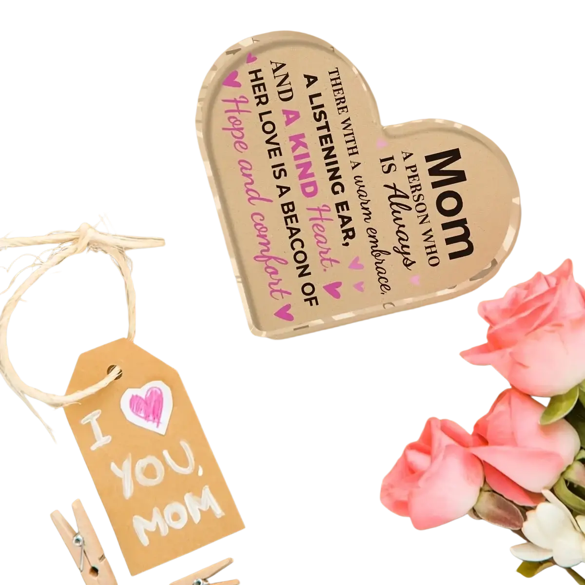 Clear heart-shaped acrylic mom keepsake gift with engraved black and pink heartfelt message and small pink hearts