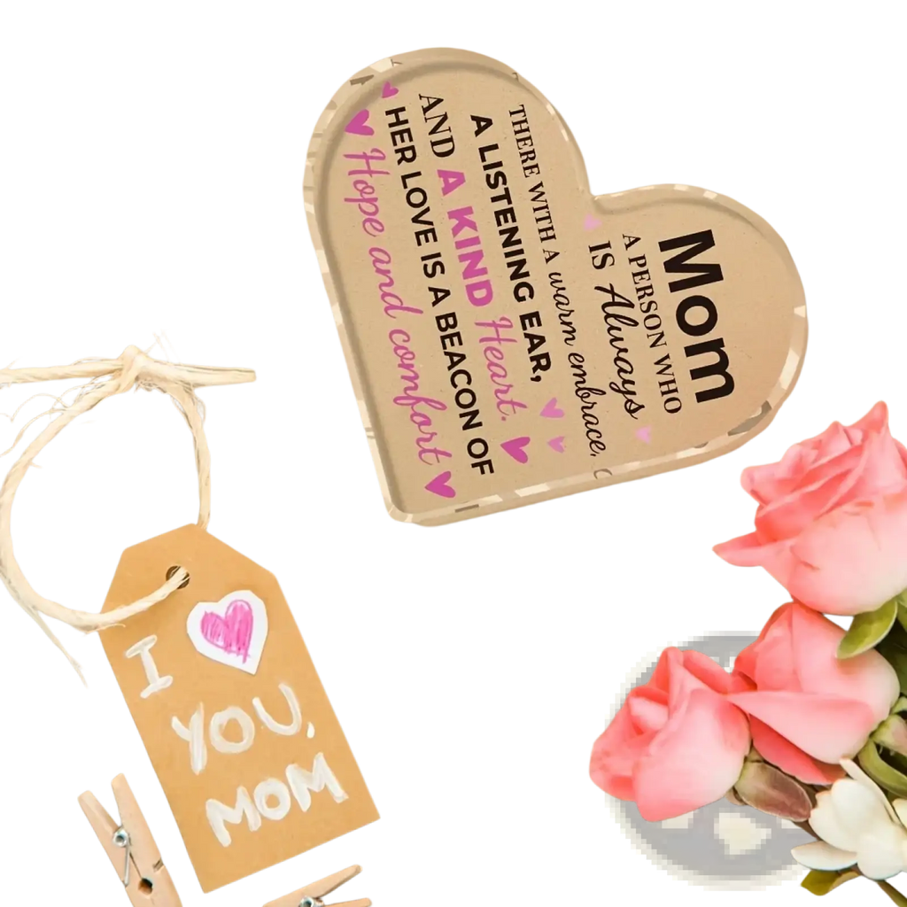 Clear heart-shaped acrylic mom keepsake gift with engraved black and pink heartfelt message and small pink hearts