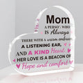 Clear heart-shaped acrylic mom keepsake plaque with engraved black and pink text and pink heart accents
