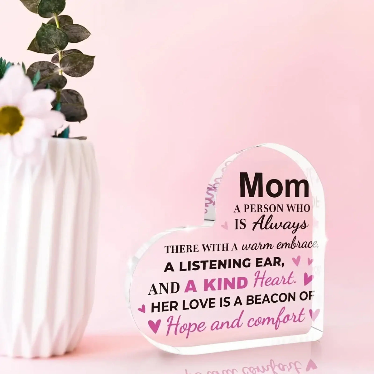 Clear heart shaped pink and black engraved acrylic plaque mom acrylic heart keepsake gift with warm embrace message