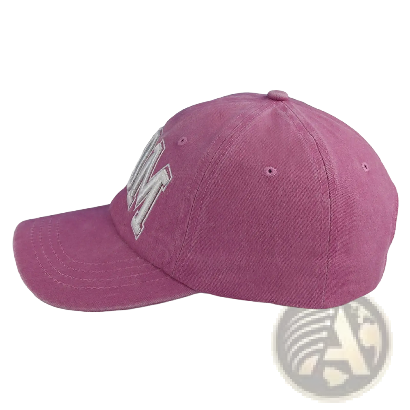 A dusty rose baseball cap with a faded white embroidered m logo in the mom and dad baseball hat set for couples