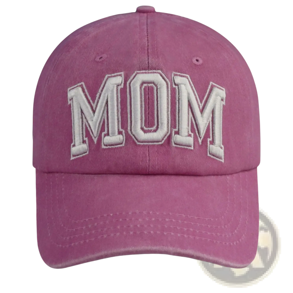 A faded pink cotton baseball cap with mom embroidered in white for the mom and dad baseball hat set for couples