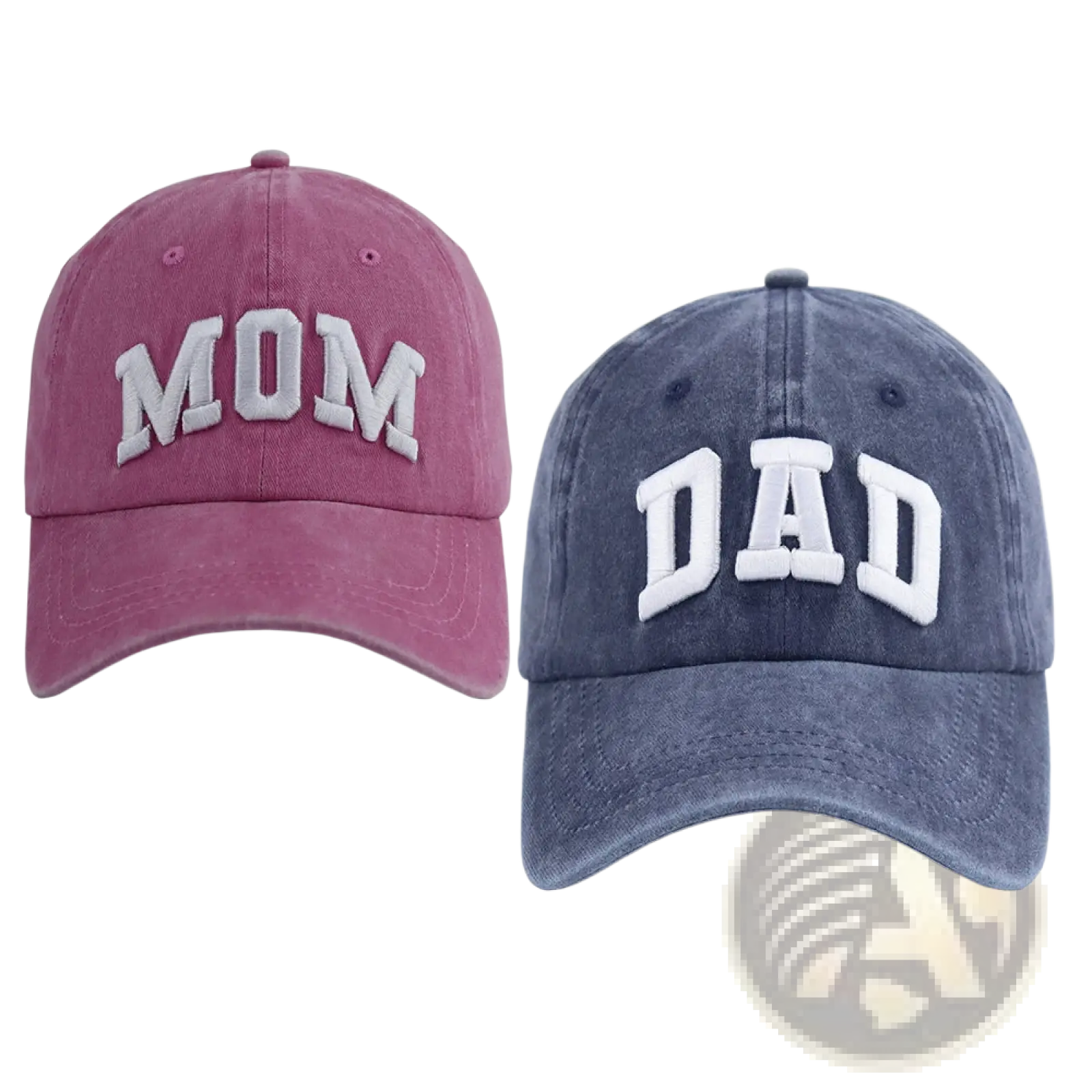 A pair of distressed cotton baseball hats in muted pink mom and faded blue dad lettering for couples
