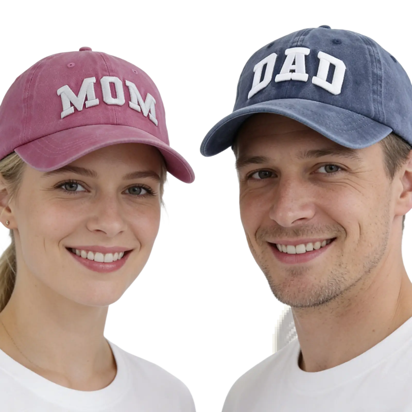A pair of faded denim mom and dad baseball hats with white embroidered lettering for couples
