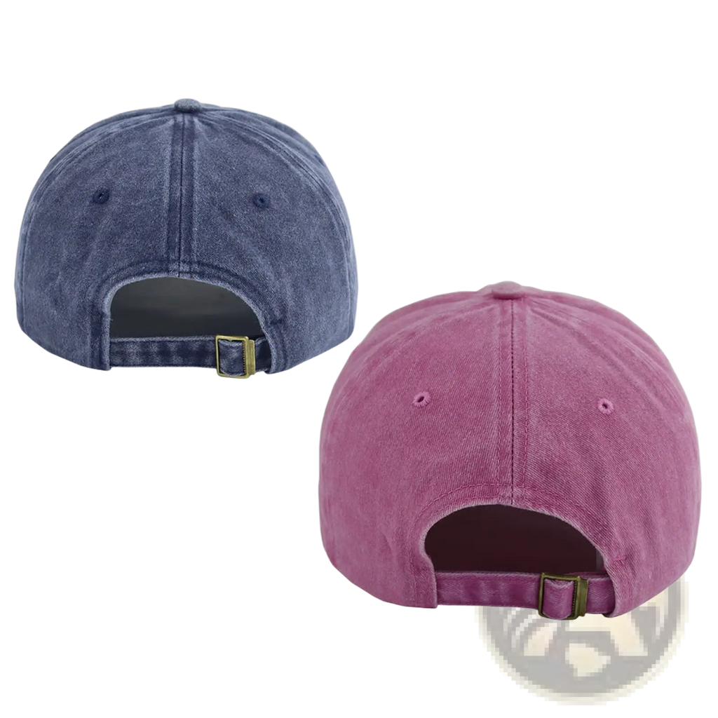 A pair of mom and dad baseball hats featuring adjustable metal buckles in faded blue denim and soft pink cotton