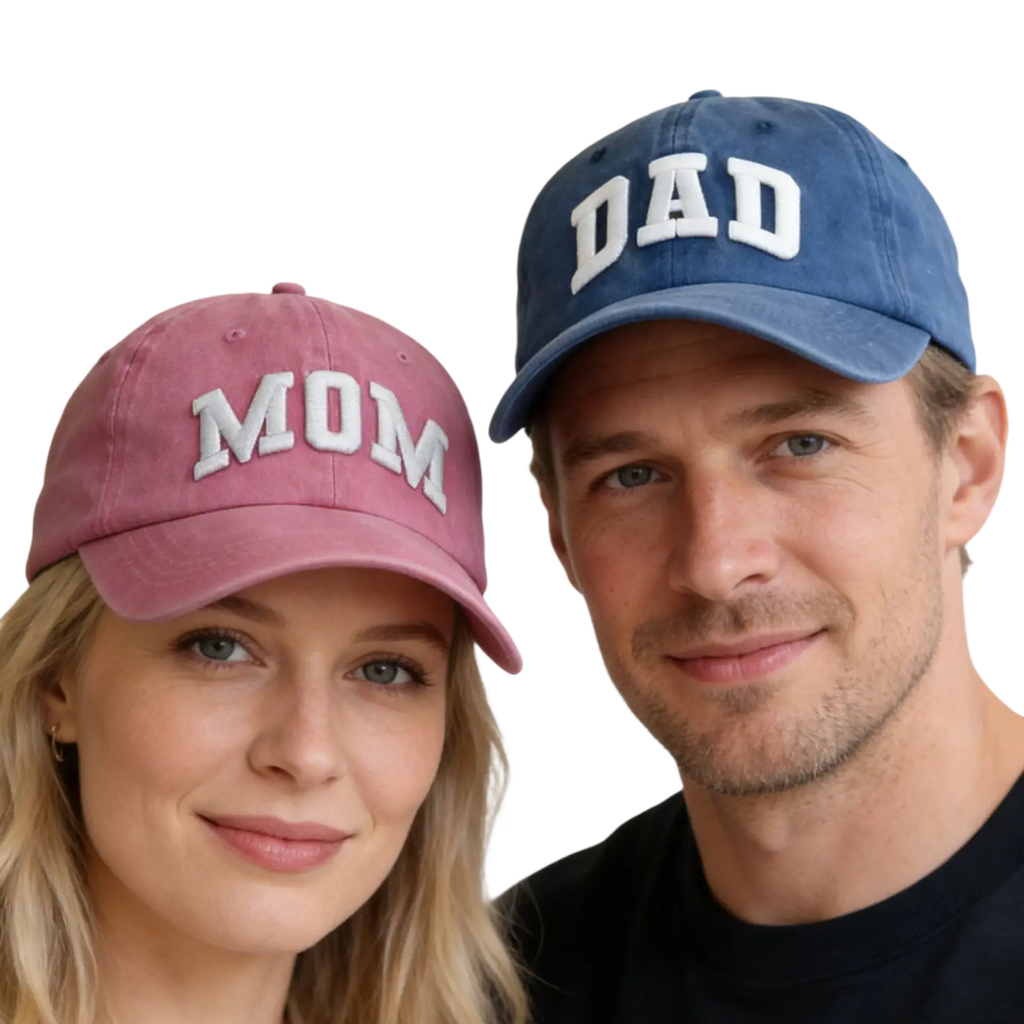 Pink and blue cotton baseball cap set for couples with mom and dad embroidered in white lettering