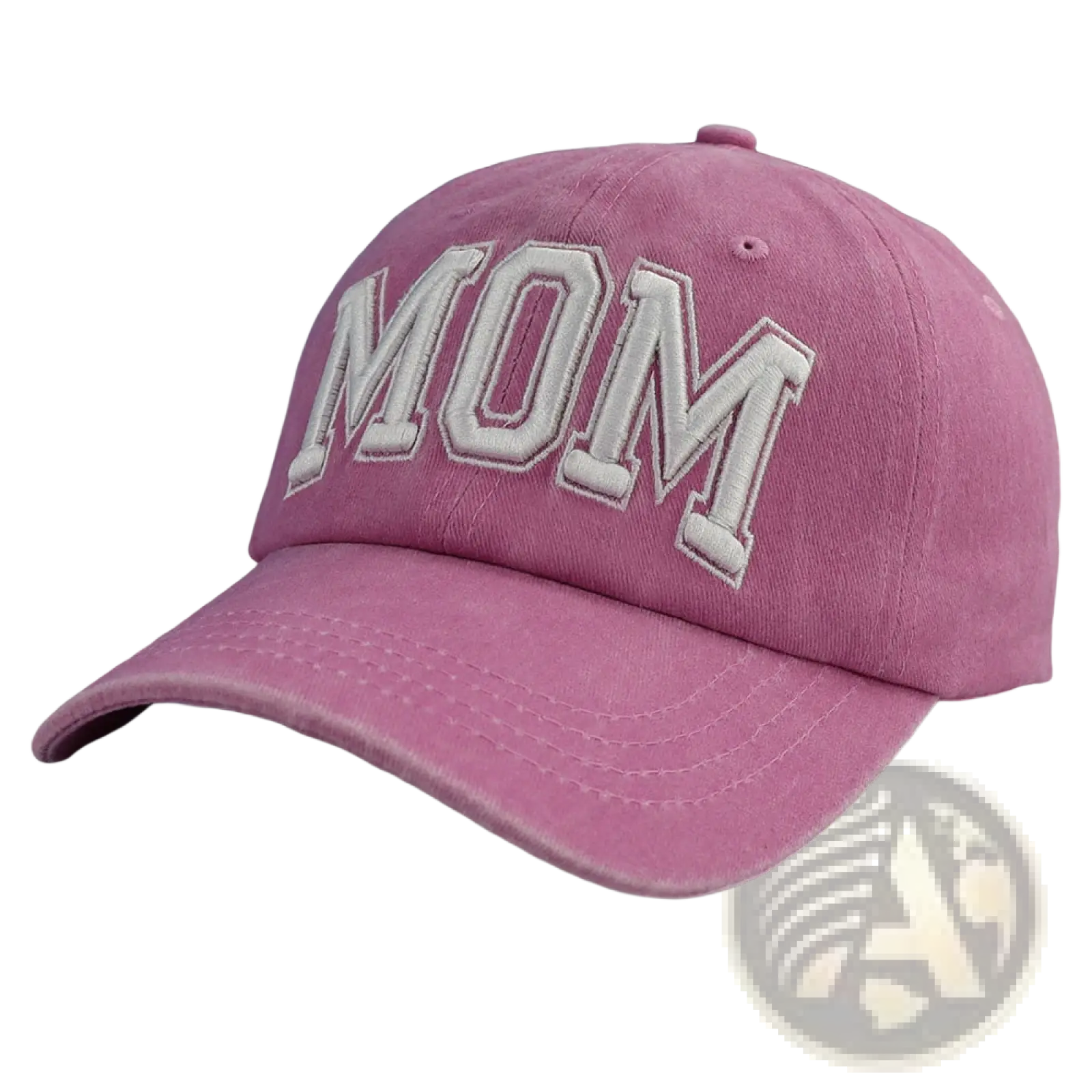 A soft pink baseball cap with raised white mom embroidery from the mom and dad baseball hat set for couples