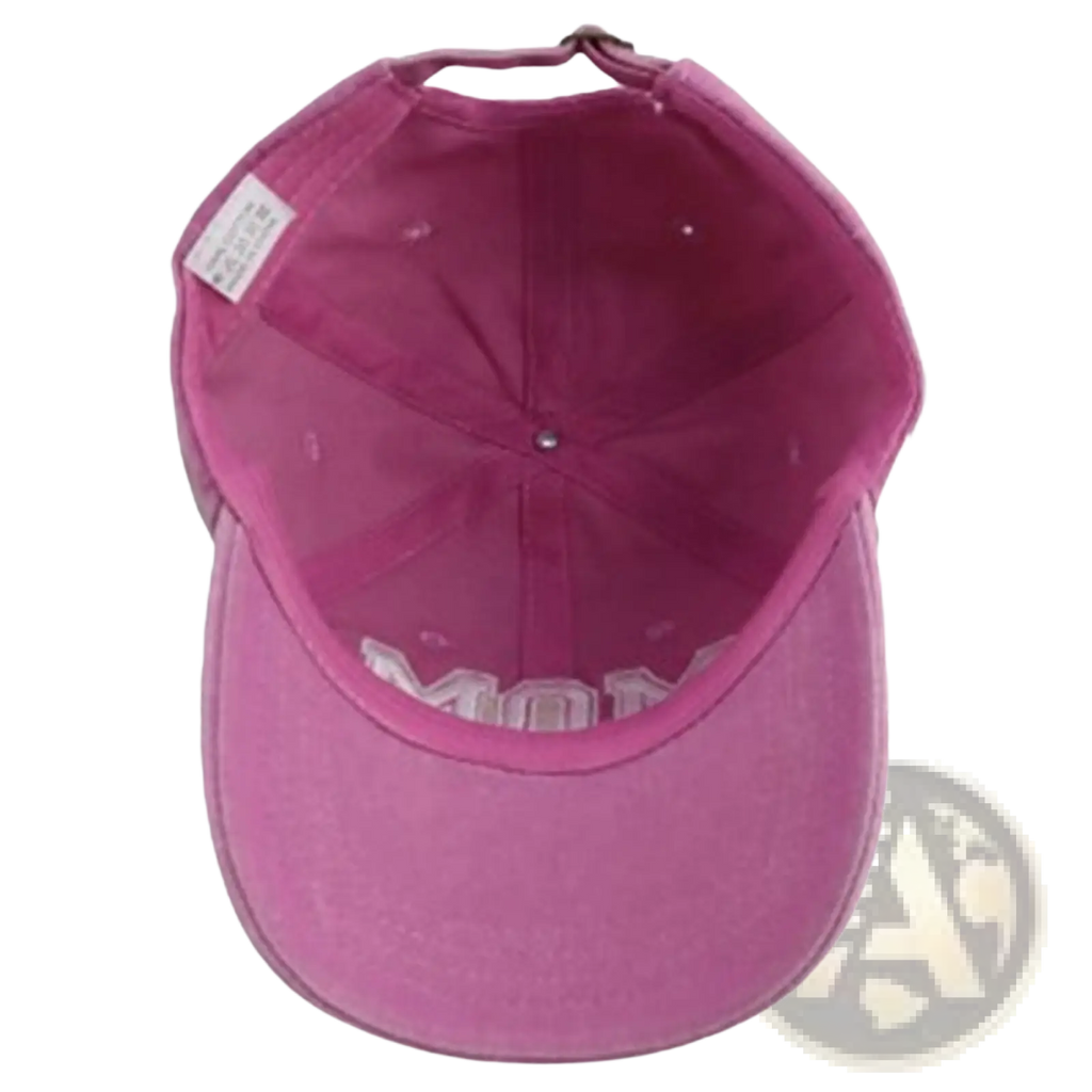 Soft pink faded fabric baseball cap with small white inner label shown from back in mom and dad couples hat set
