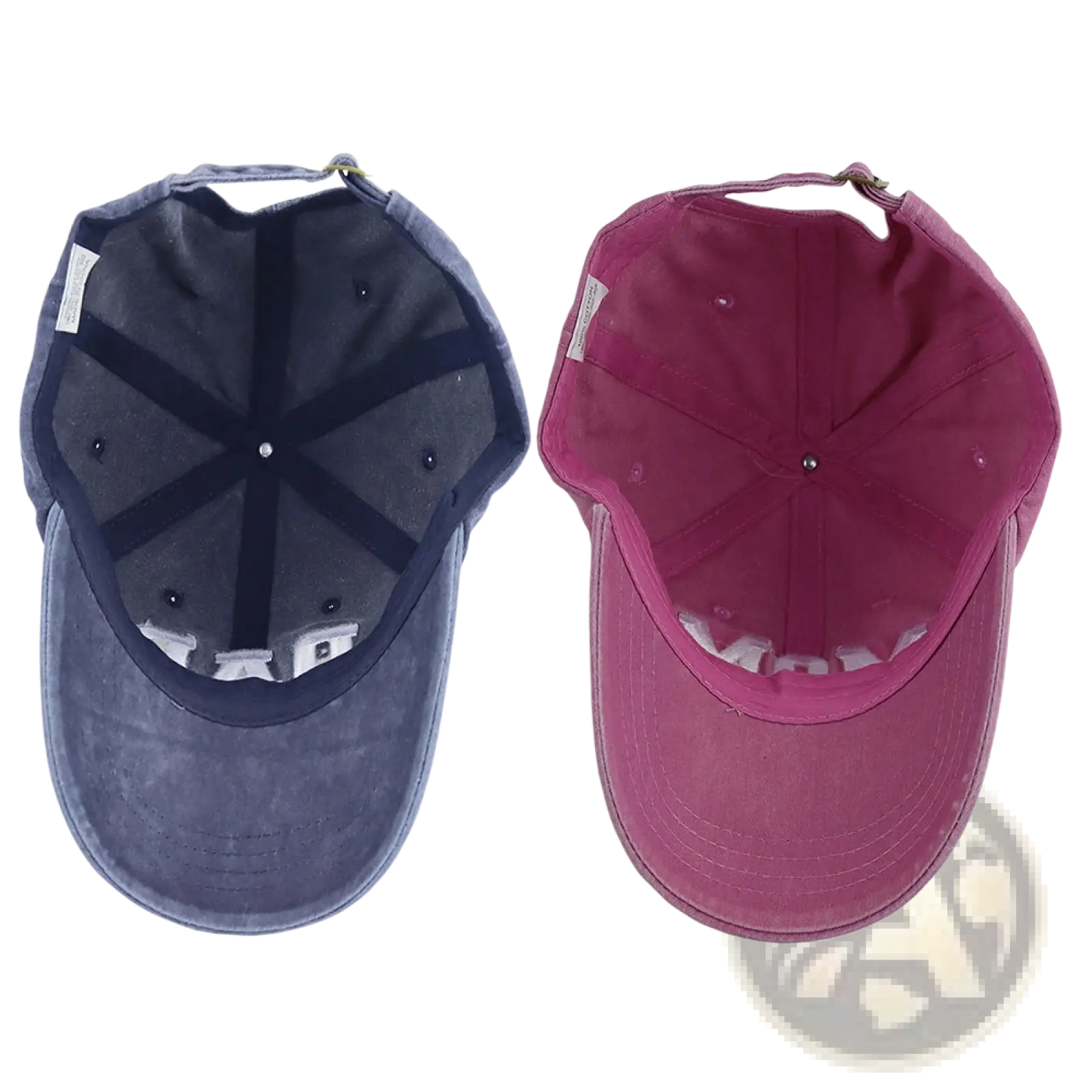 Mom and Dad baseball hat set for couples featuring faded navy blue and dusty rose pink cotton twill caps with six-panel design