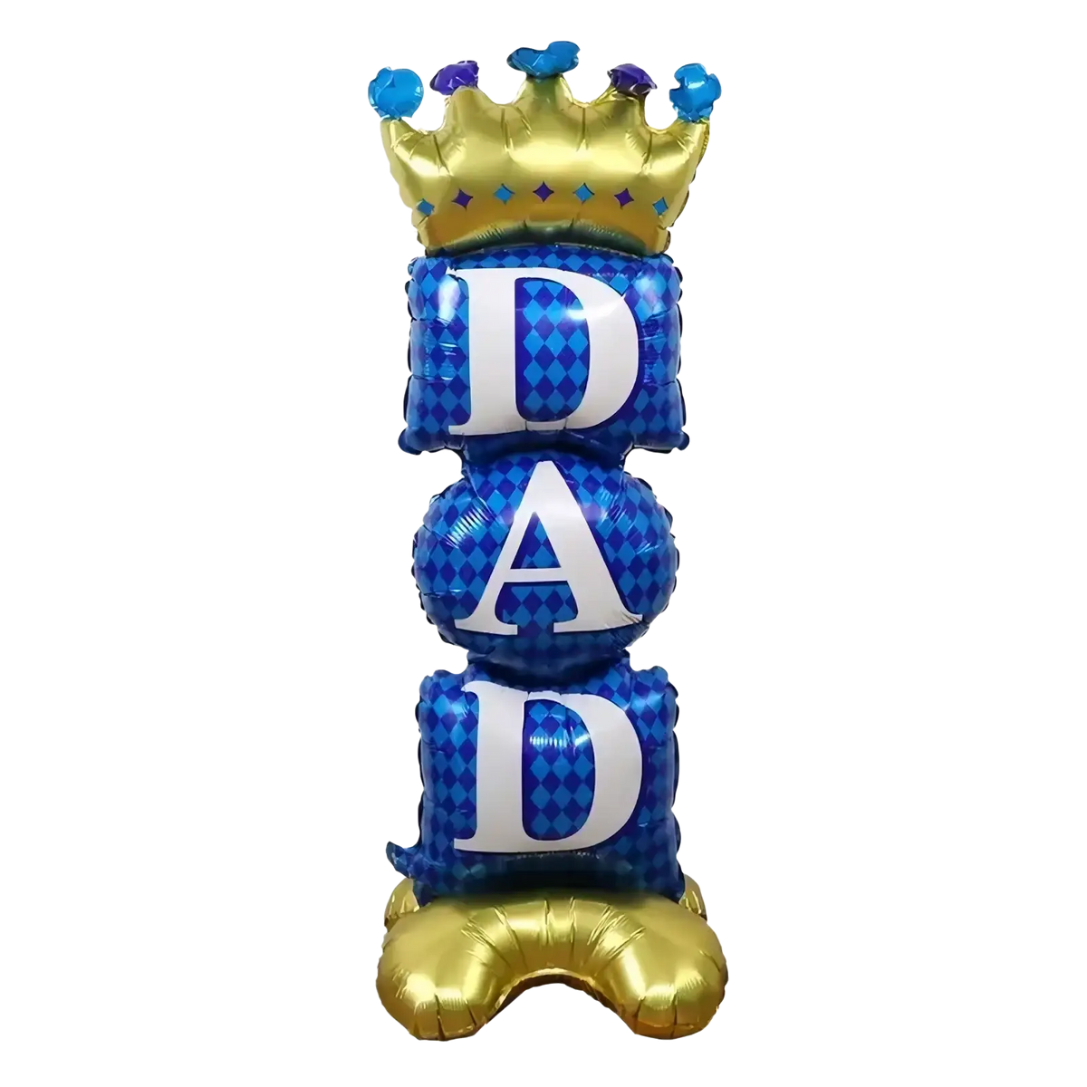 Mom dad crown balloon tower featuring a gold and blue crown balloon with white dad letters on stacked blue balloons