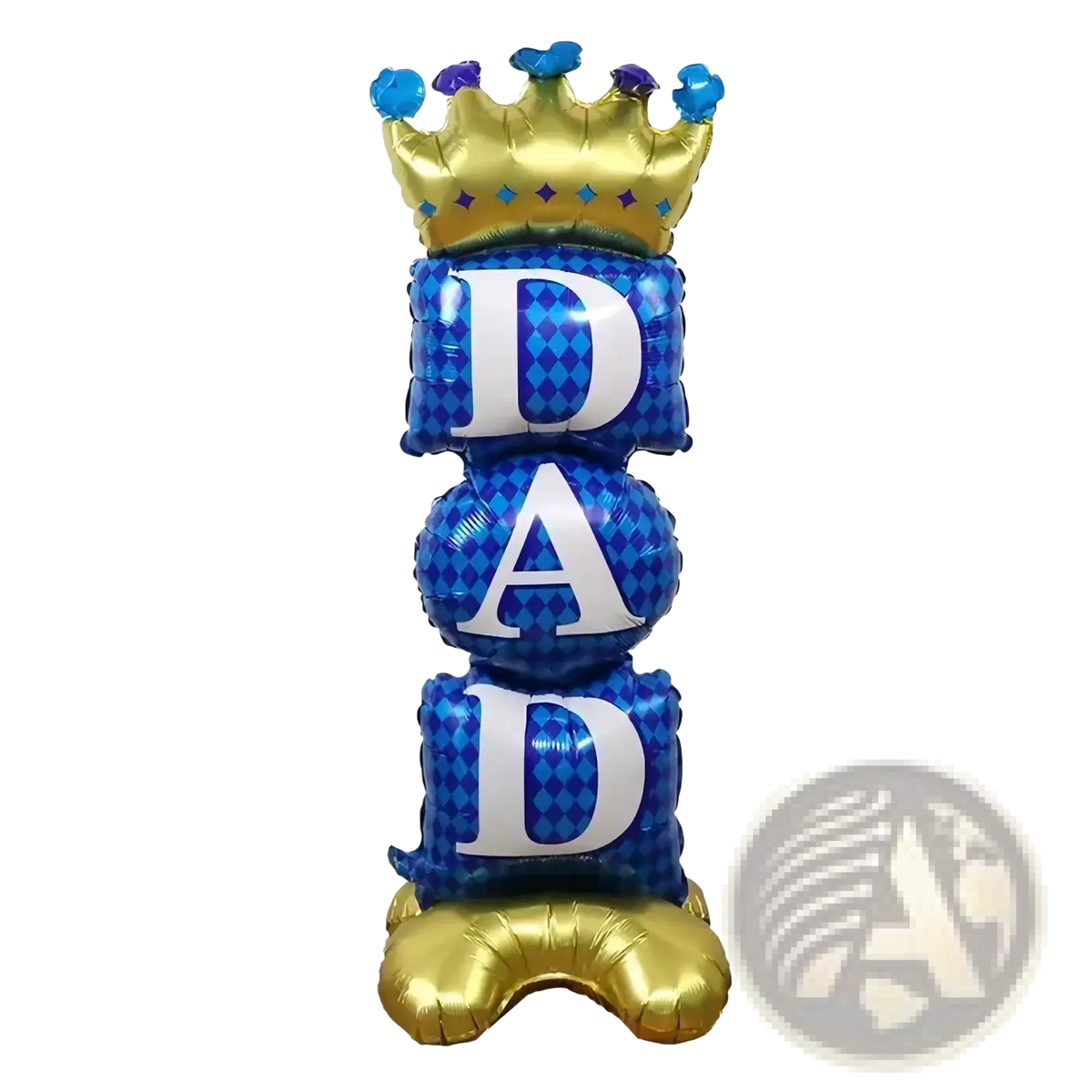 Mom dad crown balloon tower featuring a gold and blue crown balloon with white dad letters on stacked blue balloons