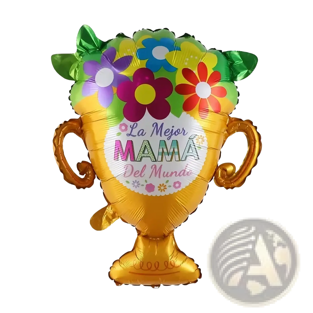 A vibrant gold foil trophy-shaped balloon with colorful floral designs and la mejor mamá del mundo text in a mom dad crown balloon tower