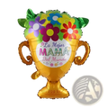 A vibrant gold foil trophy-shaped balloon with colorful floral designs and la mejor mamá del mundo text in a mom dad crown balloon tower