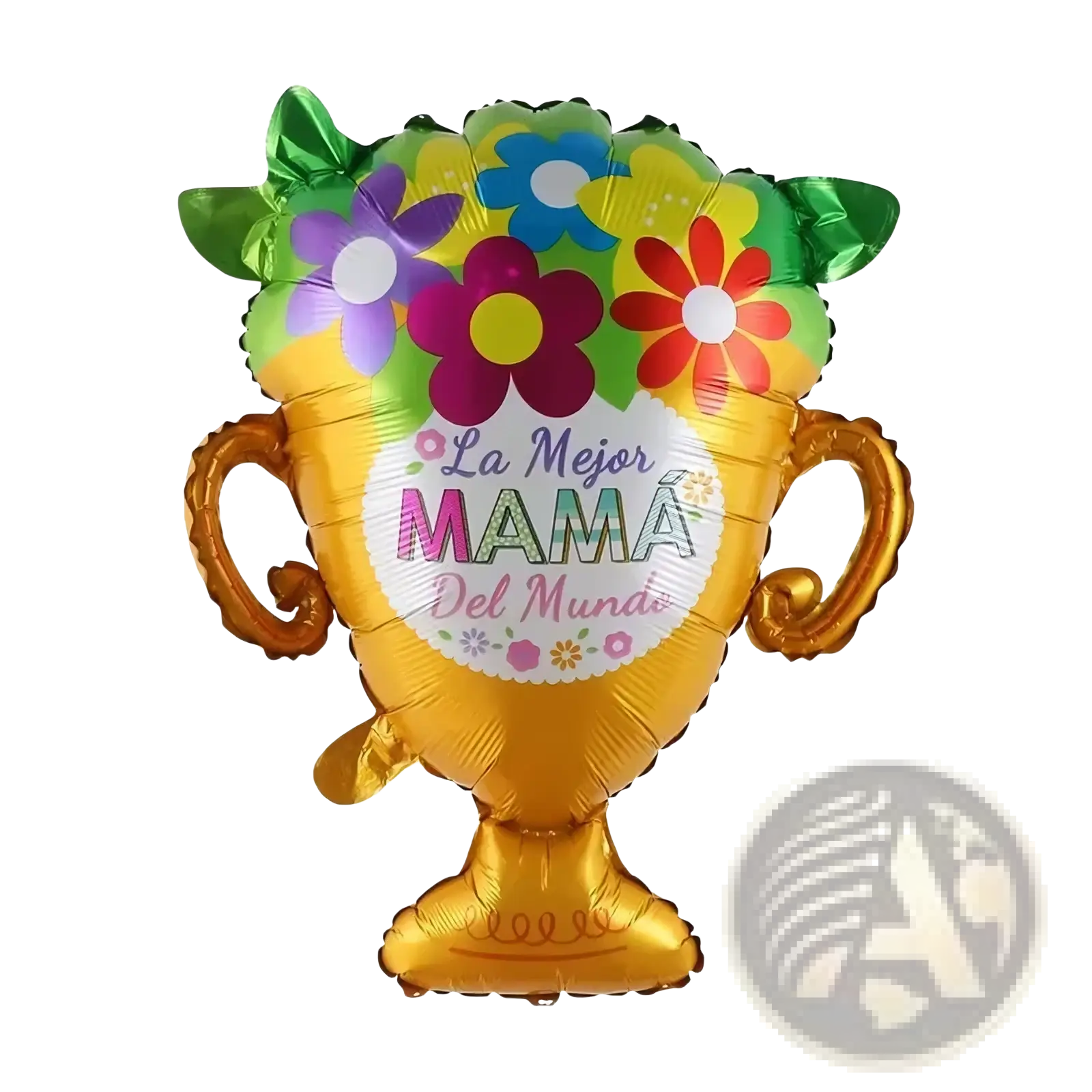 A vibrant gold foil trophy-shaped balloon with colorful floral designs and la mejor mamá del mundo text in a mom dad crown balloon tower