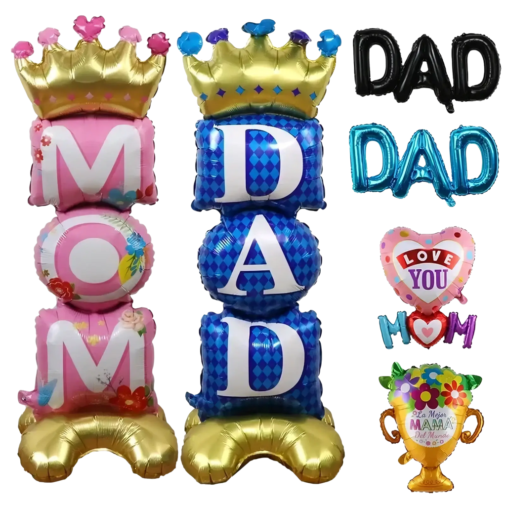 Mom dad crown balloon tower with pink floral crown balloons and blue diamond pattern balloons on gold bases