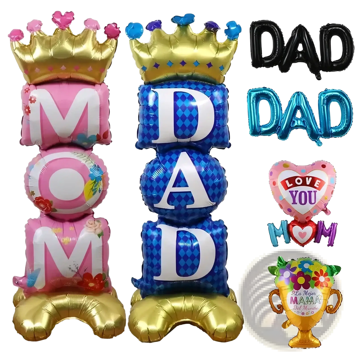 Mom dad crown balloon tower with pink floral crown balloons and blue diamond pattern balloons on gold bases