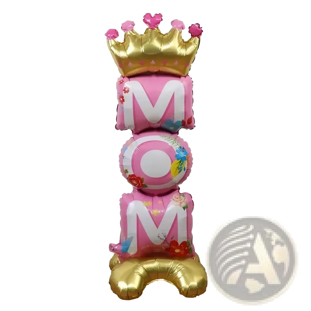 Mom dad crown balloon tower featuring a pink and gold mom balloon with a crown on top for celebrations