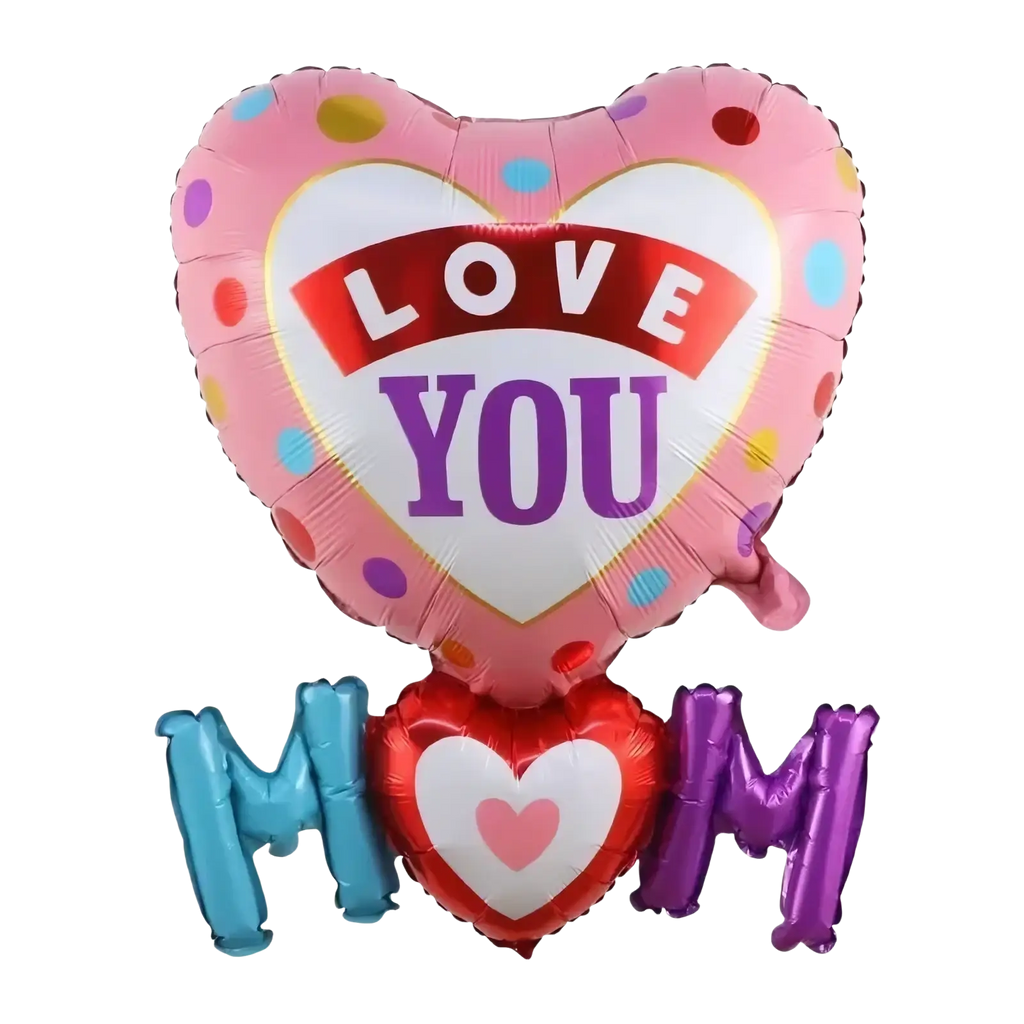 Mom dad crown balloon tower featuring a pink heart polka dot balloon with love you and red purple mom balloons