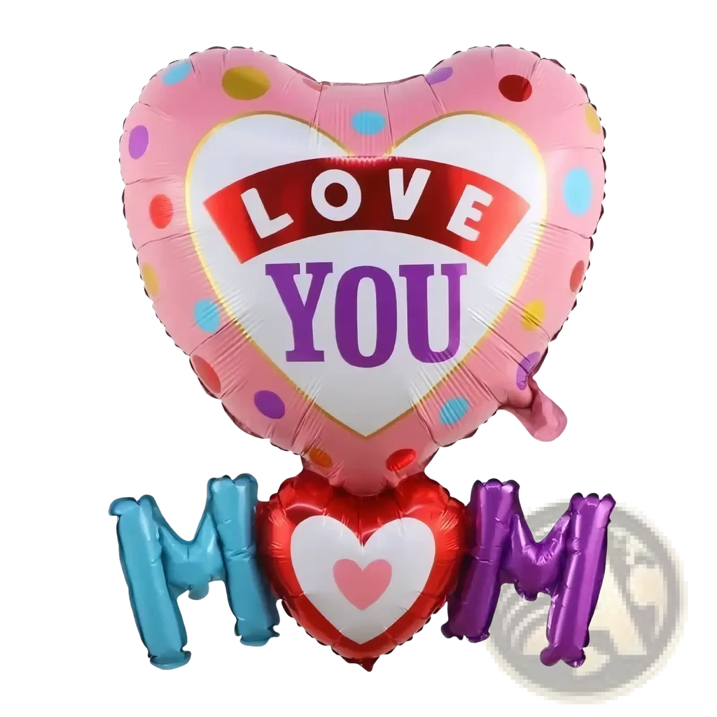 Mom dad crown balloon tower featuring a pink heart polka dot balloon with love you and red purple mom balloons