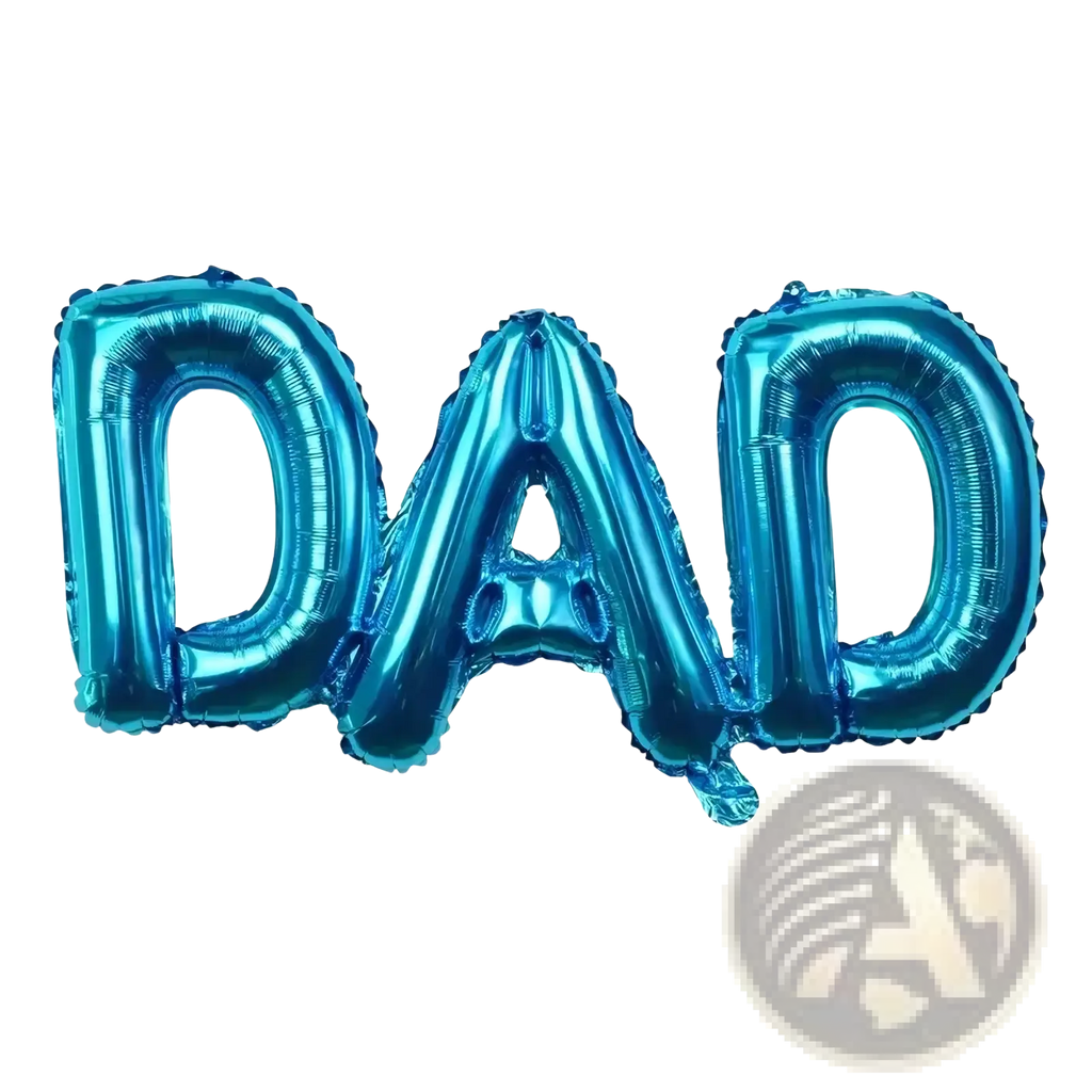 Shiny metallic blue inflatable balloon shaped like the word dad in the mom dad crown balloon tower product