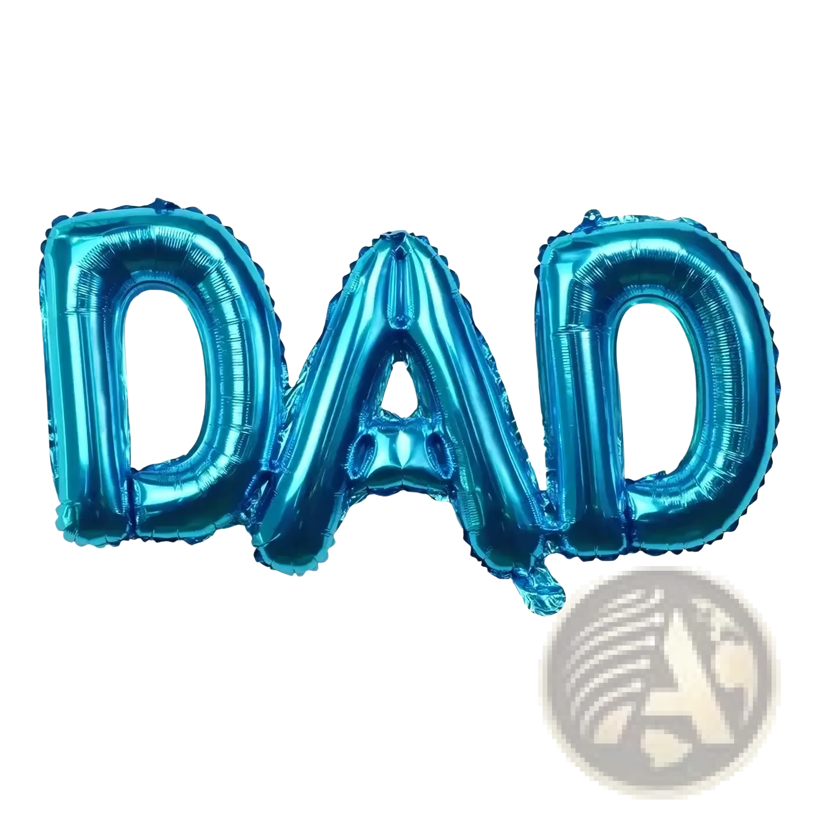 Shiny metallic blue inflatable balloon shaped like the word dad in the mom dad crown balloon tower product