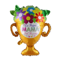 A vibrant gold foil trophy-shaped balloon with colorful floral designs and la mejor mamá del mundo text in a mom dad crown balloon tower