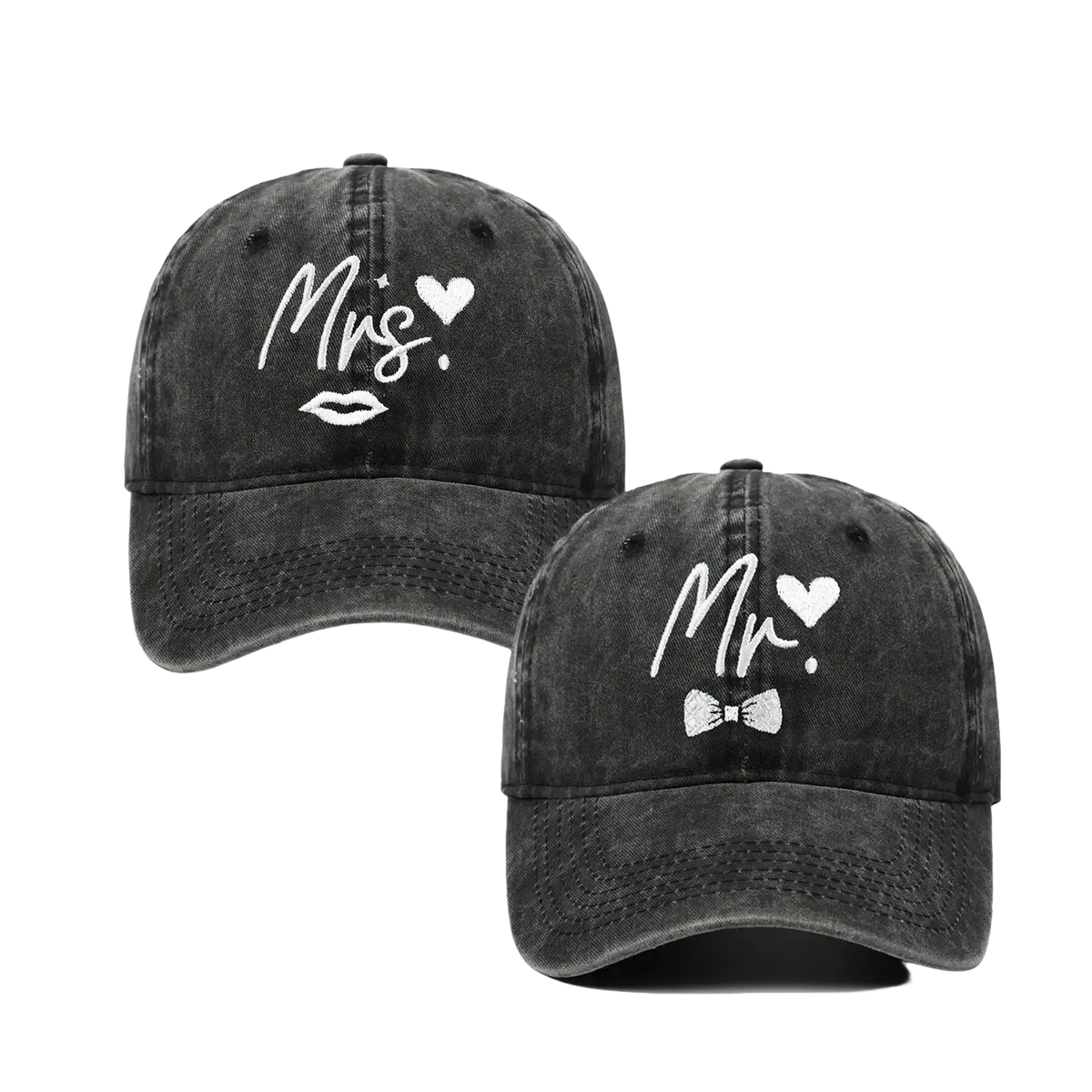 Black distressed baseball caps set with white embroidered mr and mrs text accented by heart lips and bow tie designs