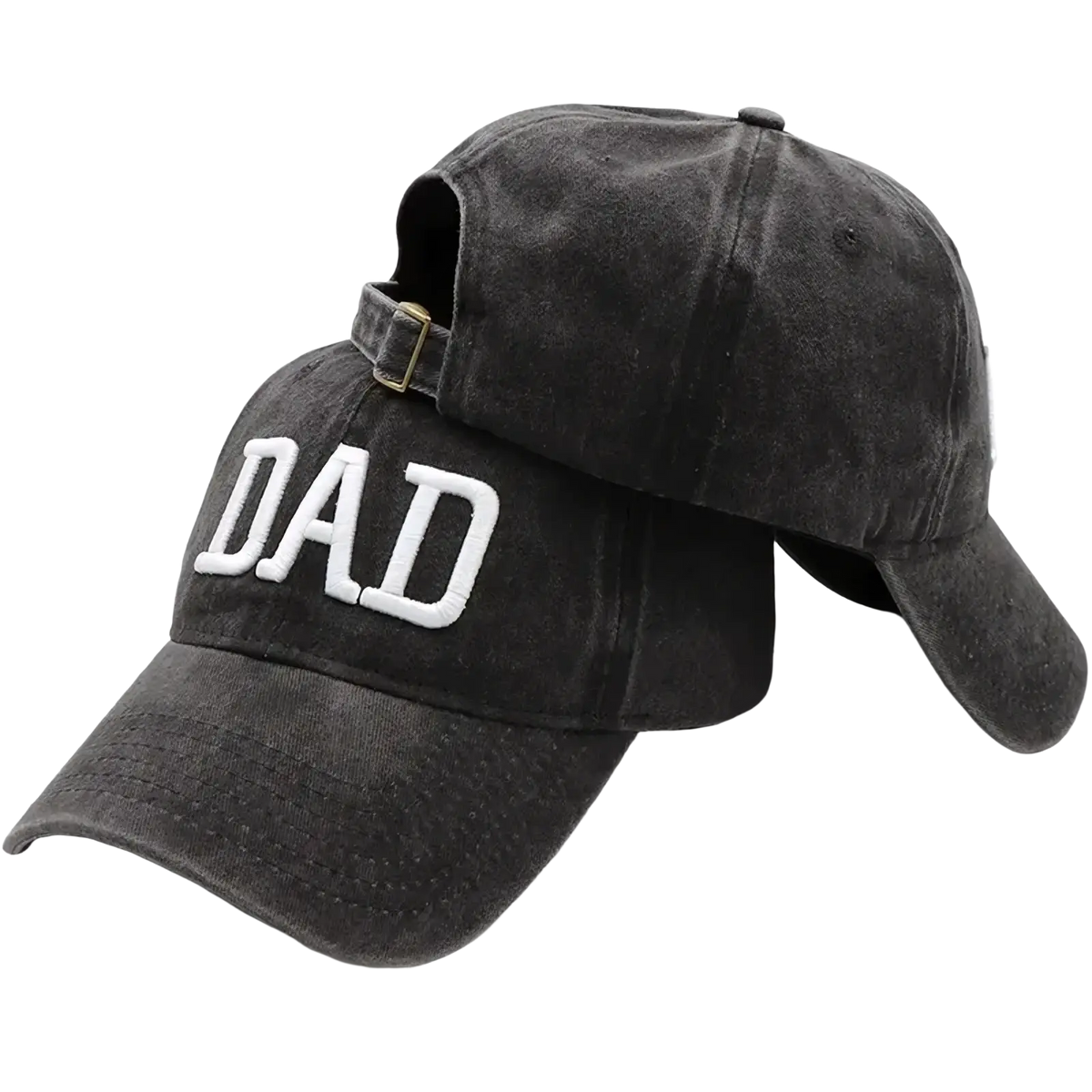 Black distressed dad hat with white embroidered dad lettering in mom dad embroidered baseball cap set