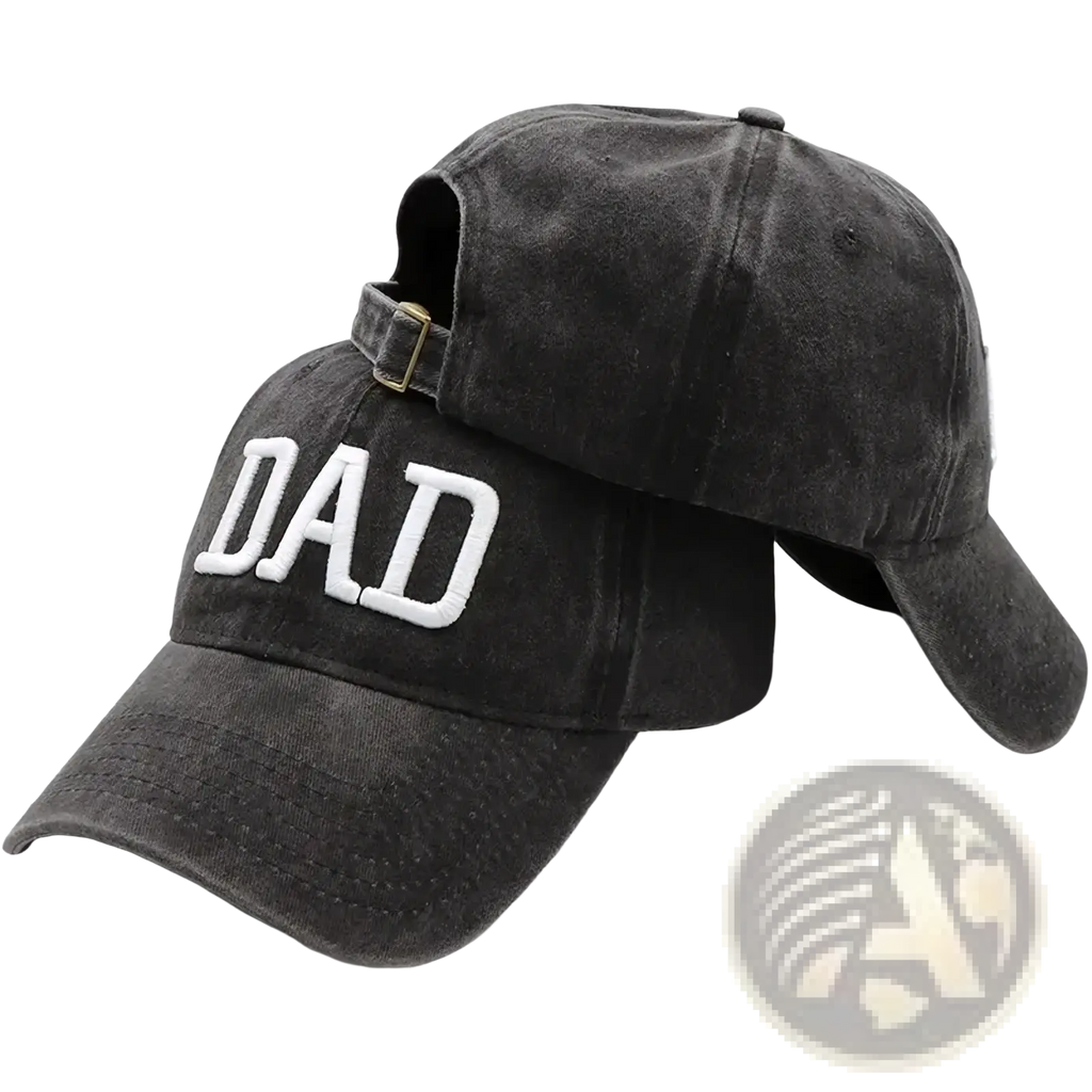 Black distressed dad hat with white embroidered dad lettering in mom dad embroidered baseball cap set
