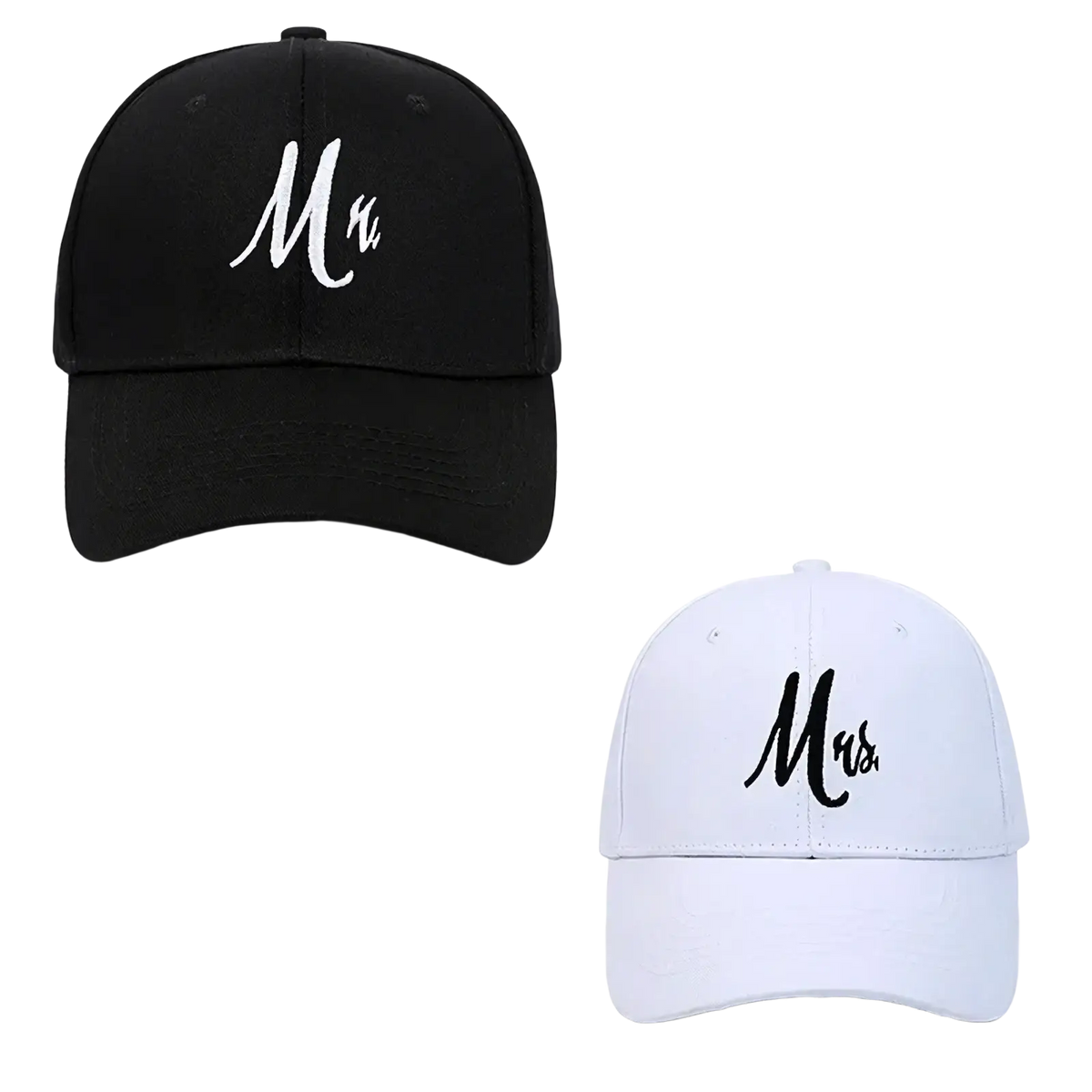 Black and white cotton baseball caps embroidered with mr and mrs in cursive from the mom dad embroidered cap set