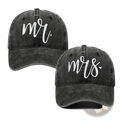 Black distressed cotton baseball caps with white cursive mr and mrs embroidery in mom dad embroidered cap set