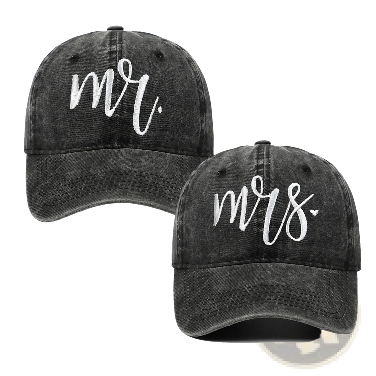 Black distressed cotton baseball caps with white cursive mr and mrs embroidery in mom dad embroidered cap set